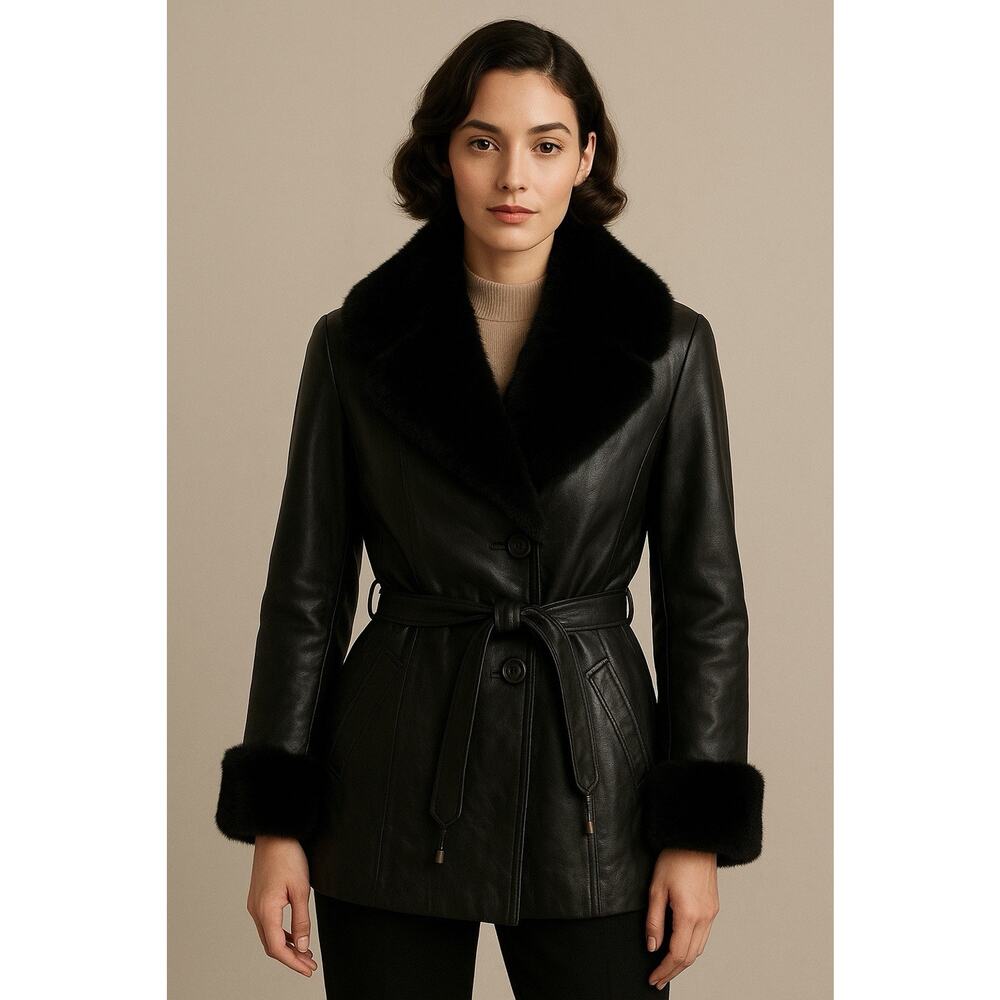 Vtg Barneys New York Cinched-waist Leather Jacket Dramatic Fur Collar Cuffs 90s